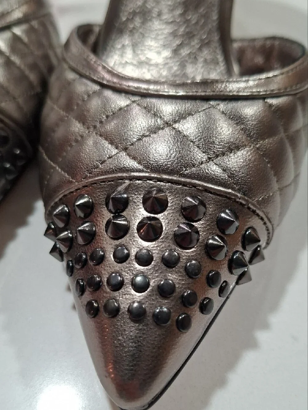 Metallic Quilted Pointed-Toe D'Orsay Heels with Studded Toe